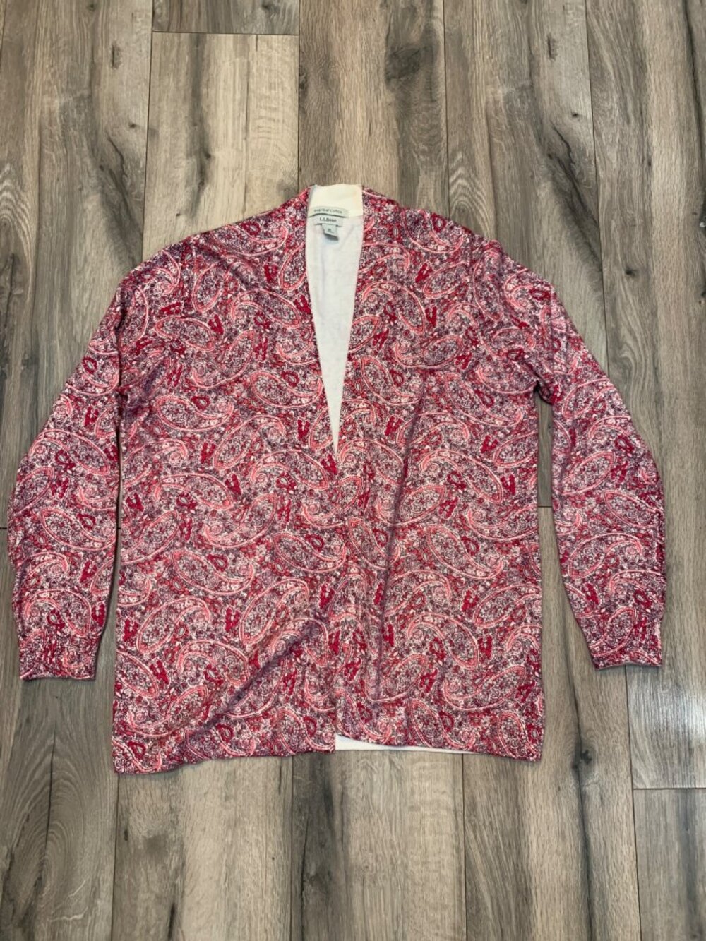 L.L. Bean Womens M Reg Open Front Cardigan Paisley Print Supima Cotton Red/Pink